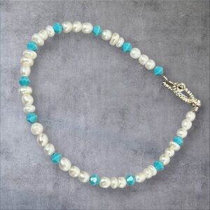 Rice pearl bracelet with turquoise beads plus a silver plated toggle